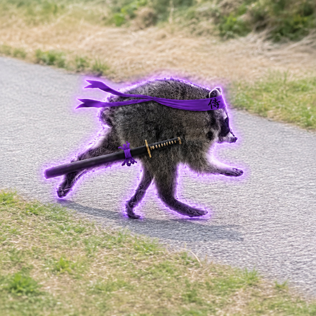JIMUR the Samurai Raccoon walking with a purple headband, a katana across his back and a glowing purple aura